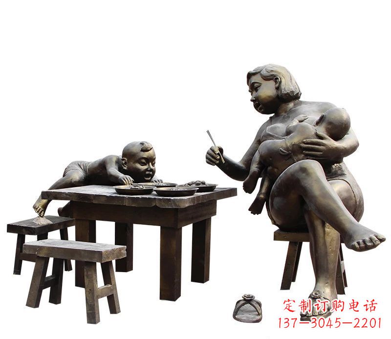 太原哺乳的母亲和吃饭的儿童公园小品铜雕