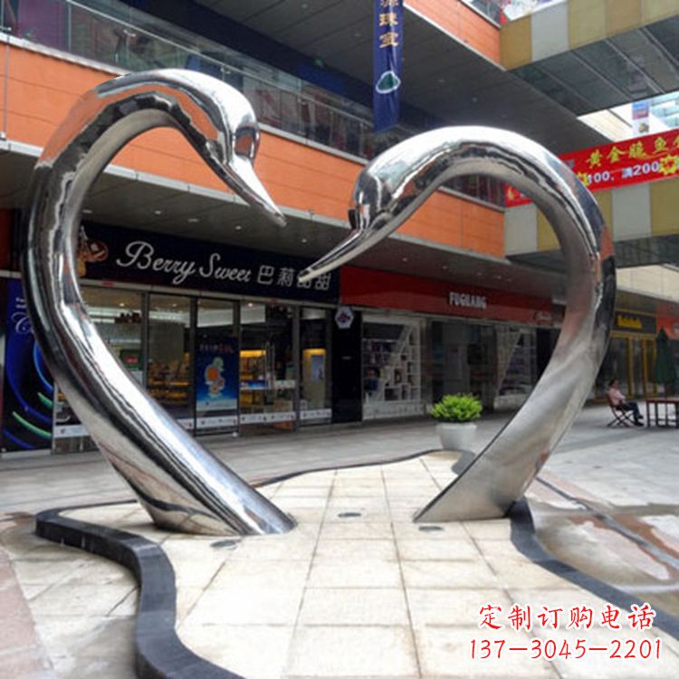 太原不锈钢爱心天鹅情侣雕塑-大型户外广场抽象动物景观摆件心型天鹅头雕塑