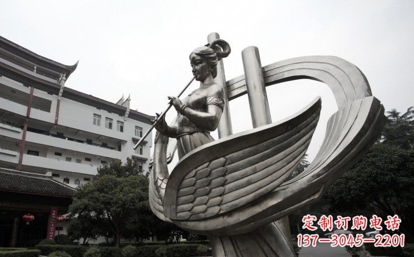 太原古典美女不锈钢吹笛子雕塑