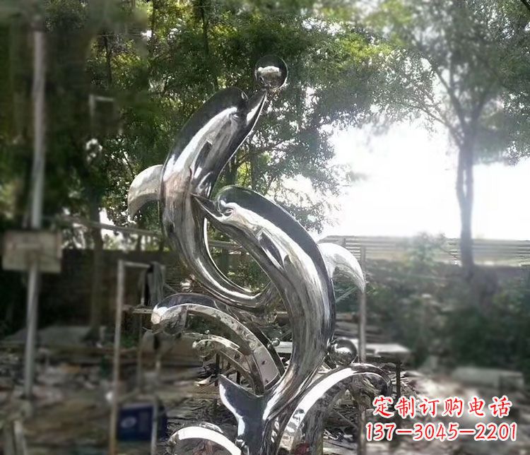 太原不锈钢海豚顶球雕塑