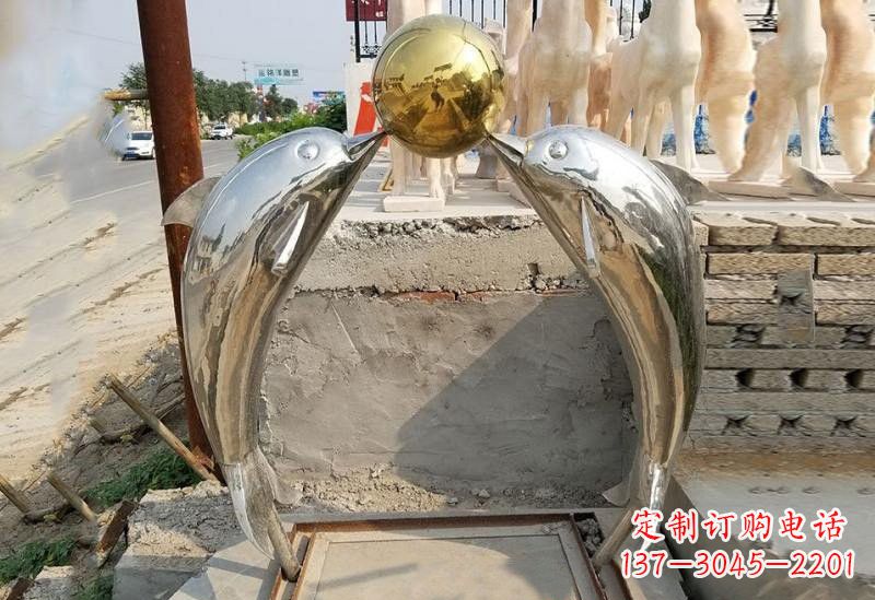 太原不锈钢海豚顶球雕塑