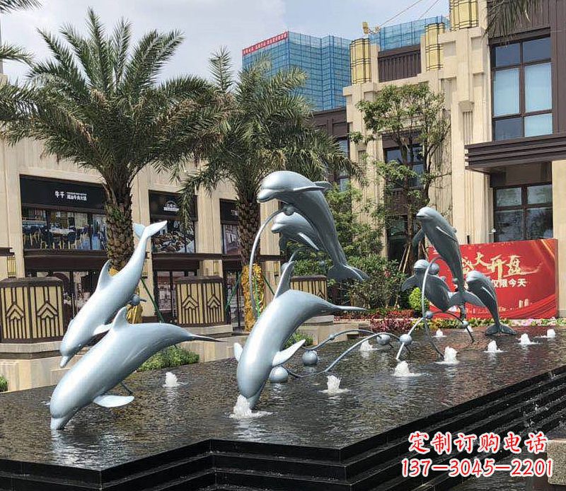 太原不锈钢海豚跳跃喷泉雕塑美丽的艺术装置
