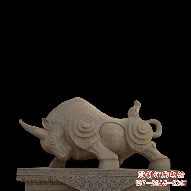 太原抽象牛砂岩雕塑-生肖动物石雕摆件