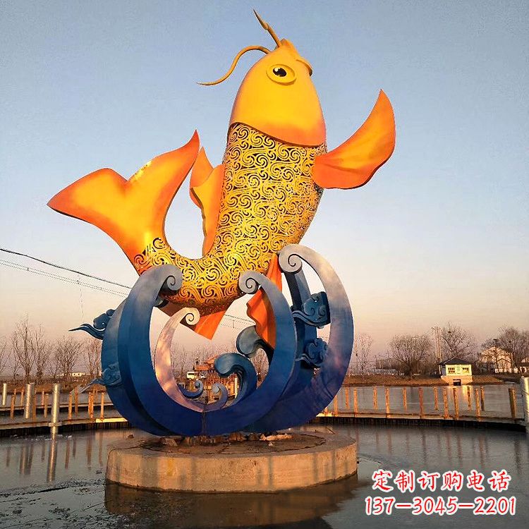 太原大型鱼跃雕塑不锈钢景观雕塑-公园景区水景动物雕塑