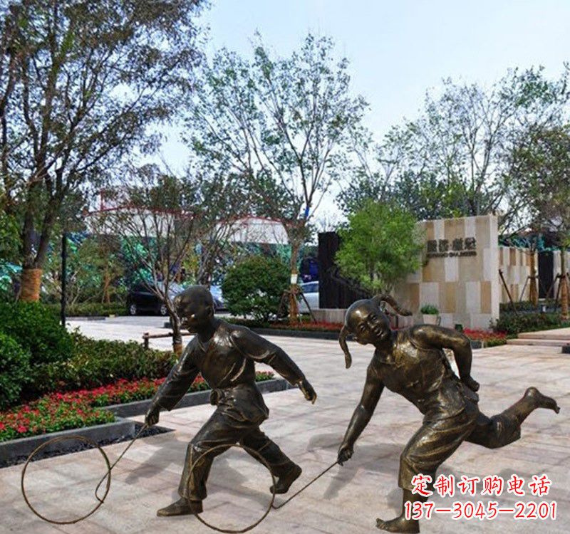 太原儿童滚铁环铜雕塑