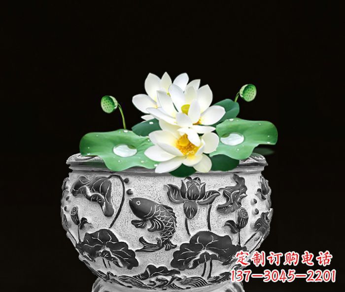 太原仿古荷花鲤鱼雕塑石水缸