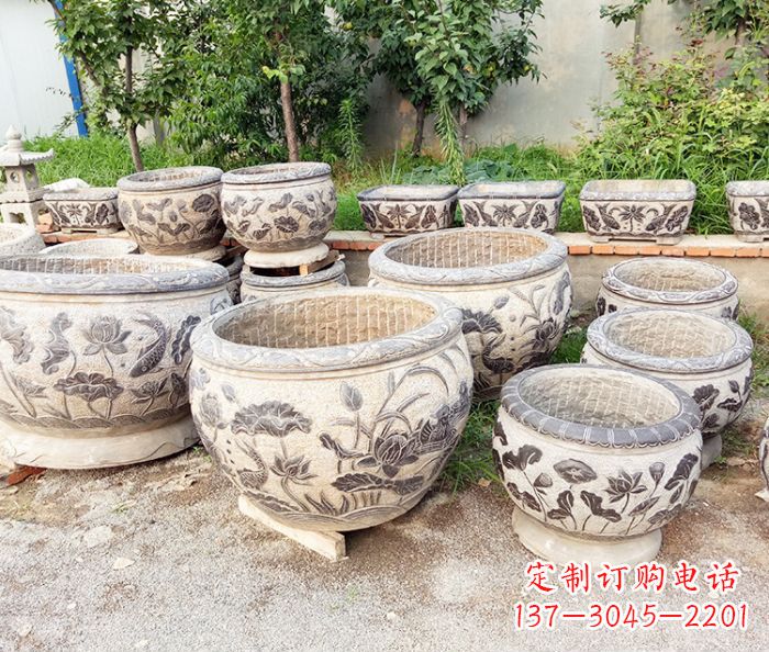 太原仿古石雕鲤鱼浮雕水缸