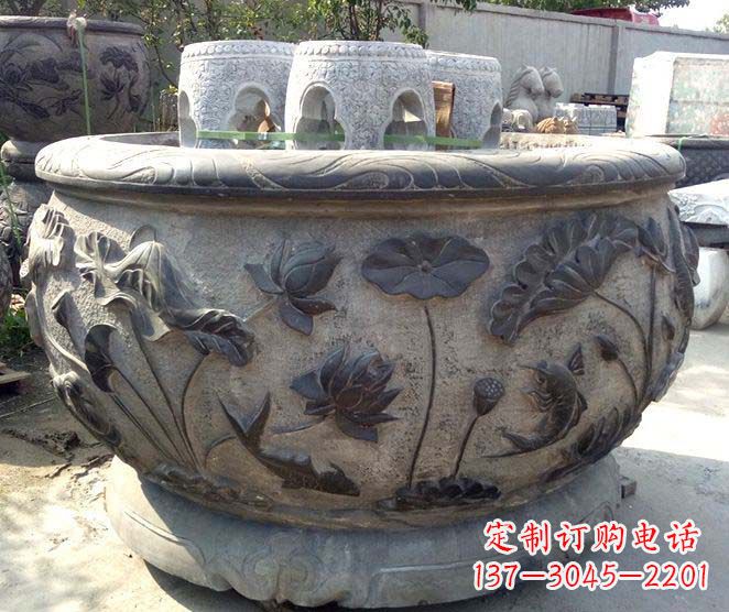 太原精美仿古荷花鲤鱼浮雕石水缸