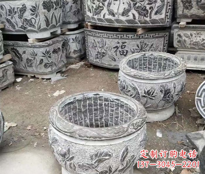 太原仿古荷花石浮雕水缸塑像
