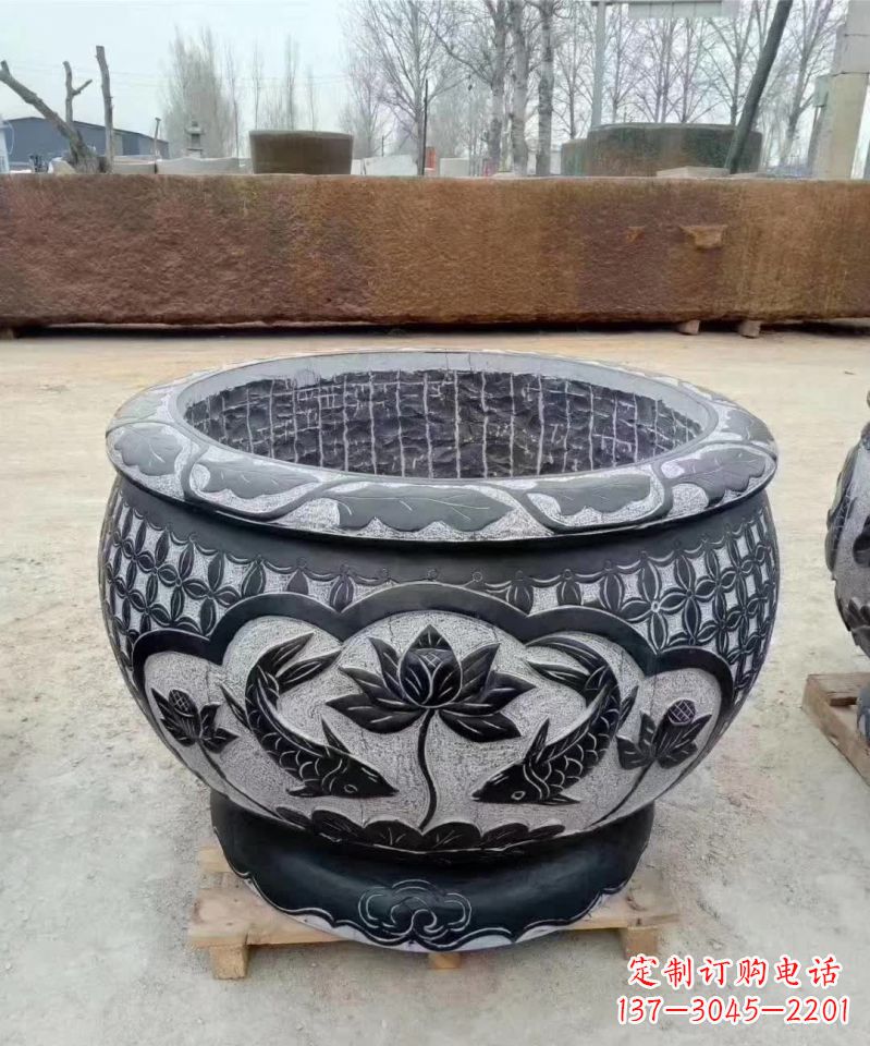 太原仿古石雕荷花鲤鱼水缸