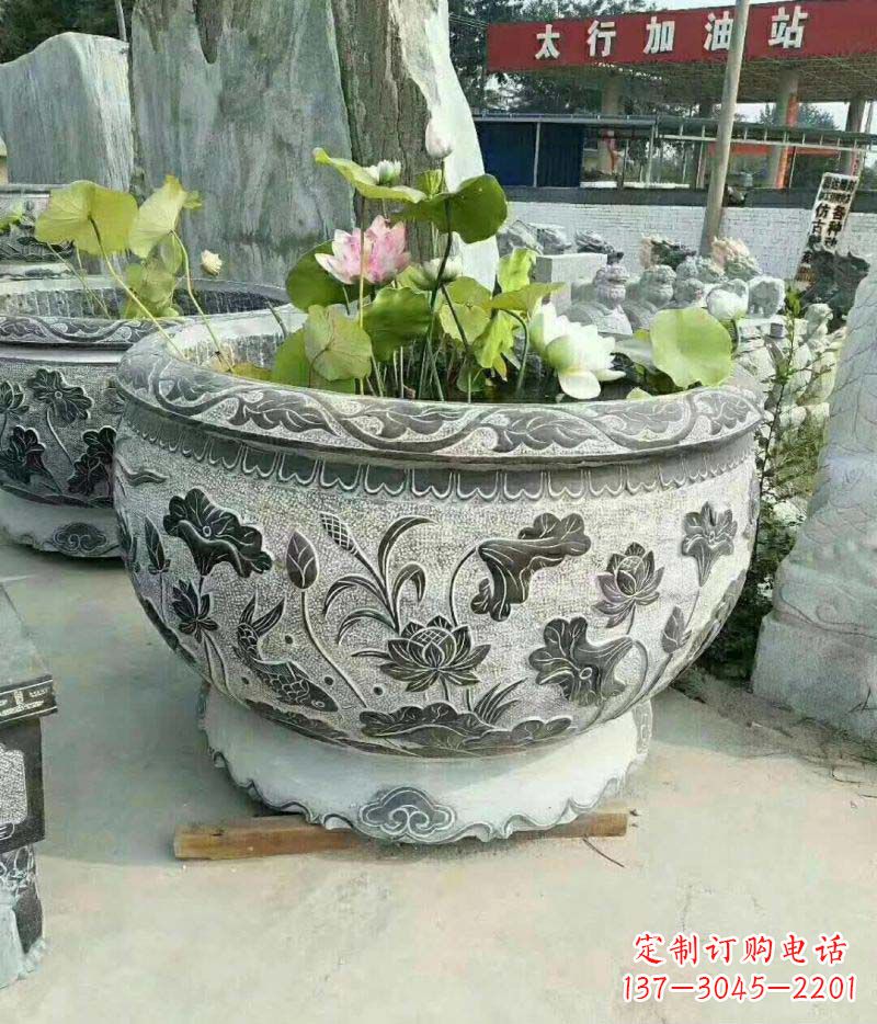 太原仿古石雕荷花水缸 