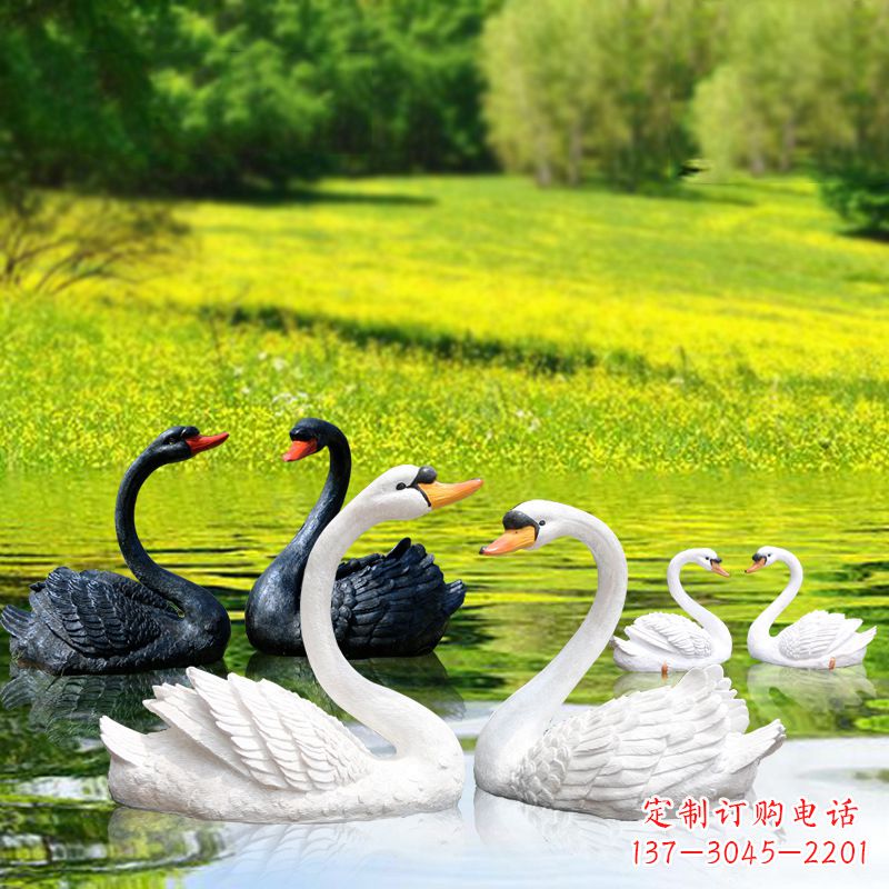 太原仿真天鹅玻璃钢雕塑-黑白天鹅园林水景装饰动物摆件