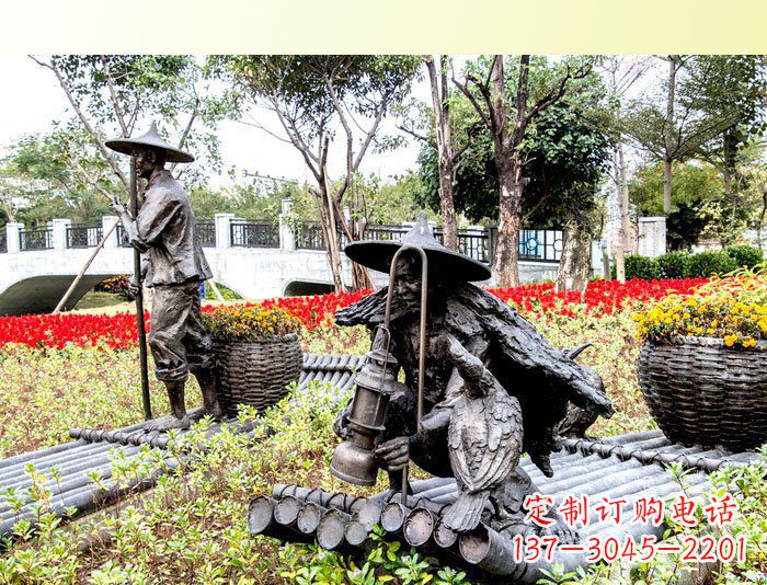 太原公园人物渔夫铜雕塑