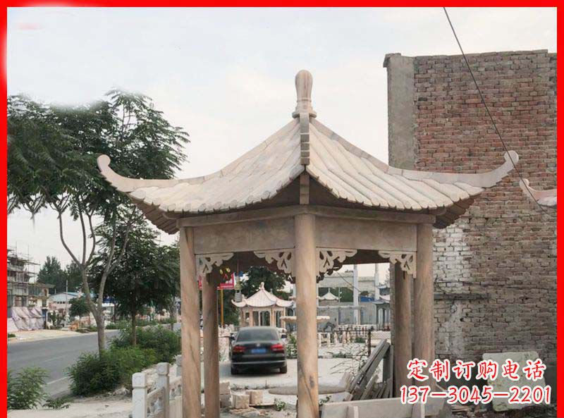 太原公园晚霞红六角石凉亭雕塑