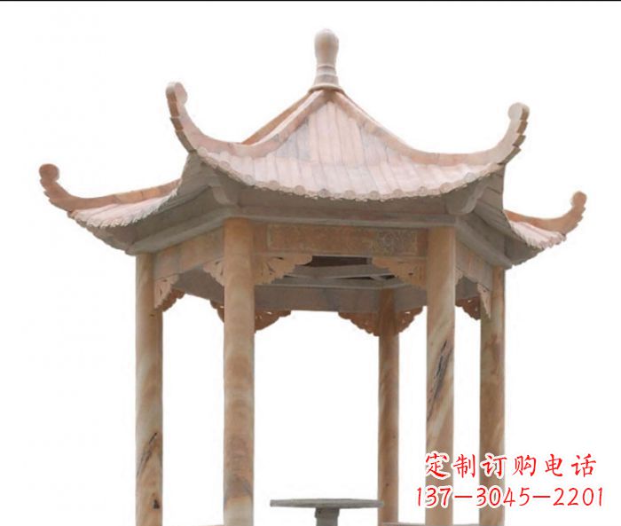 太原美丽而优雅的公园晚霞红六角石凉亭雕塑