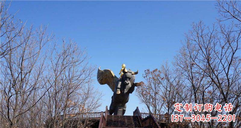 太原精美铜雕雕塑——可爱小男孩站在飞牛上