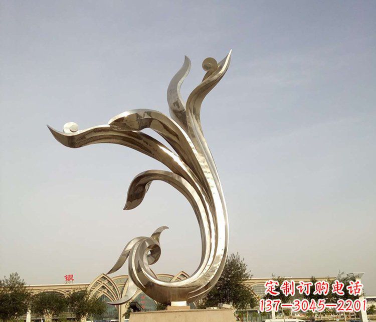 太原中国传统图案雕刻定制——高端不锈钢抽象金凤凰雕塑