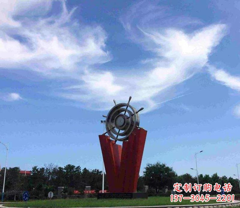 太原海上风情,精致大气的不锈钢船舵雕塑