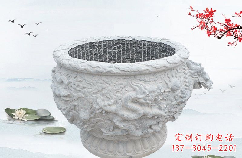 太原汉白玉龙浮雕水缸，传承传统经典