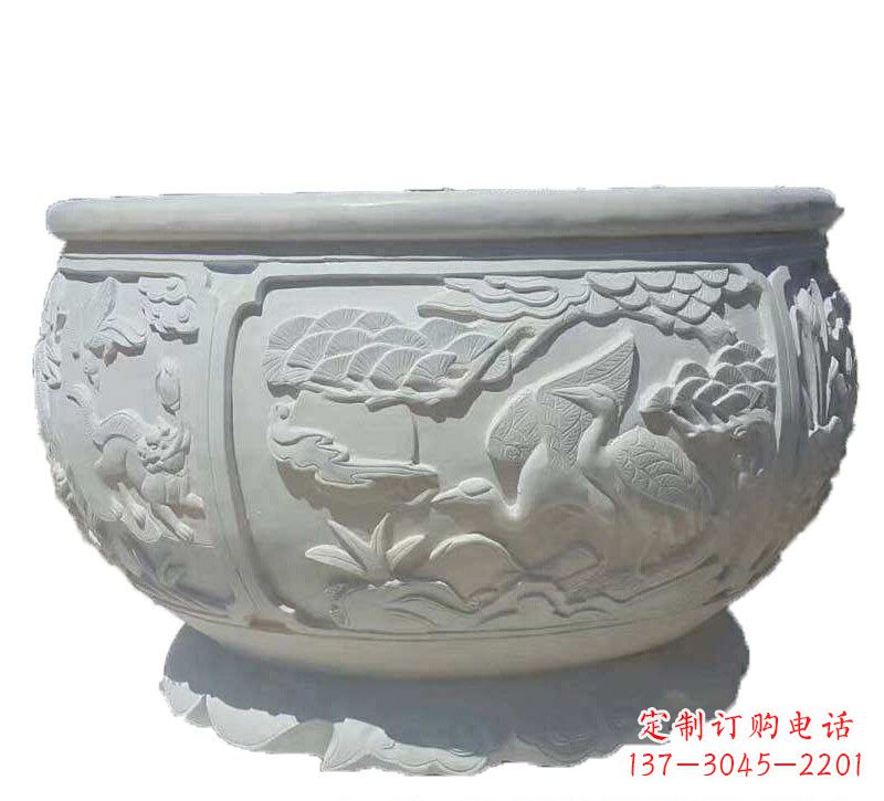 太原汉白玉松鹤延年浮雕水缸,带给您无尽的岁月美景