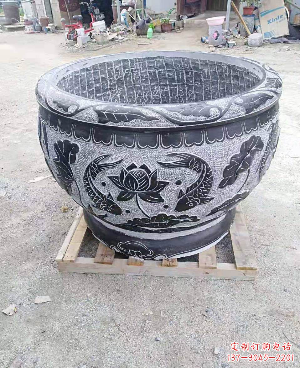 太原荷花鲤鱼浮雕石头水缸鱼缸