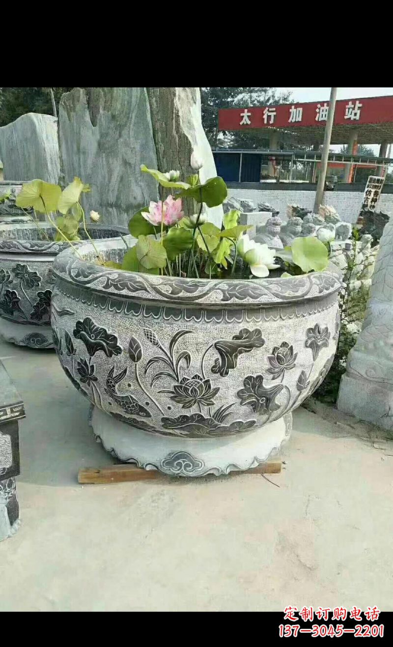 太原精美荷花鲤鱼石浮雕水缸