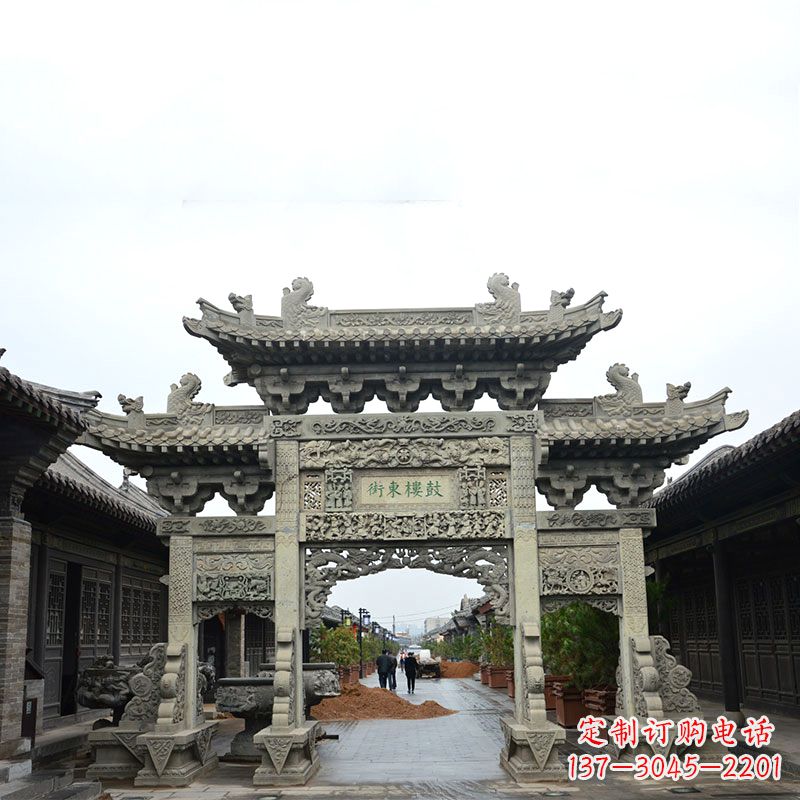 太原特色街道三门石雕牌楼雕塑