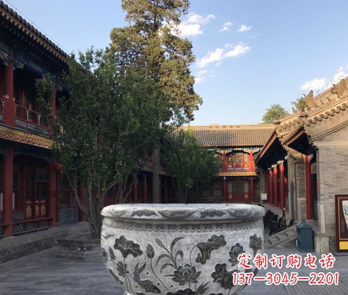 太原连年有鱼石浮雕圆形荷花水缸