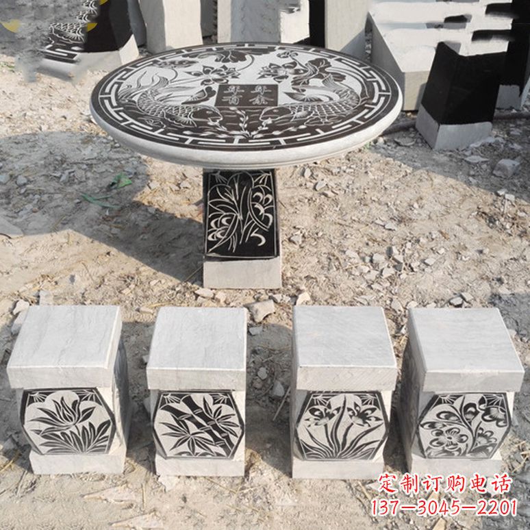 太原梅兰竹菊仿古方石桌凳雕塑,古朴典雅