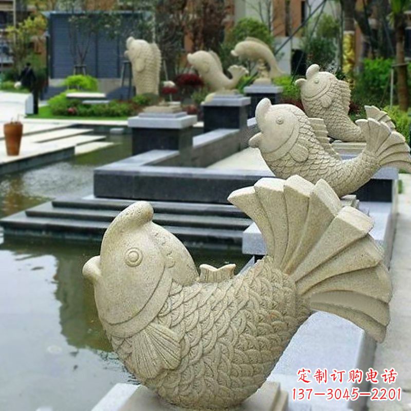 太原喷水鱼砂岩石雕-园林水池雕塑