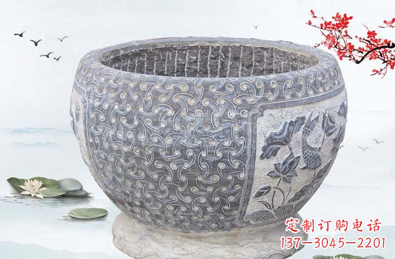 太原青石仿古鲤鱼浮雕水缸,精致雕塑设计