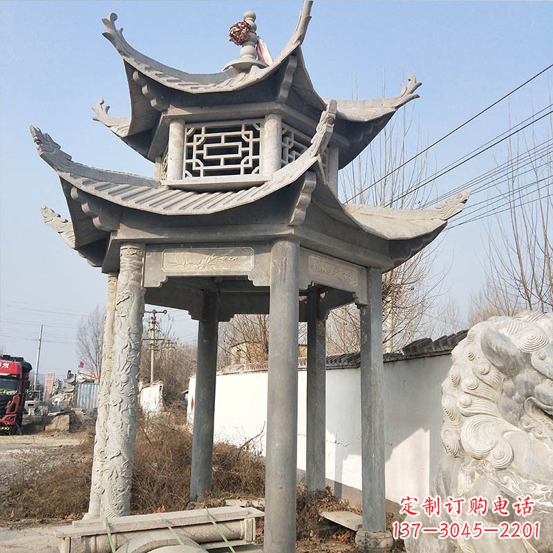 太原典雅精美的青石六角石凉亭雕塑