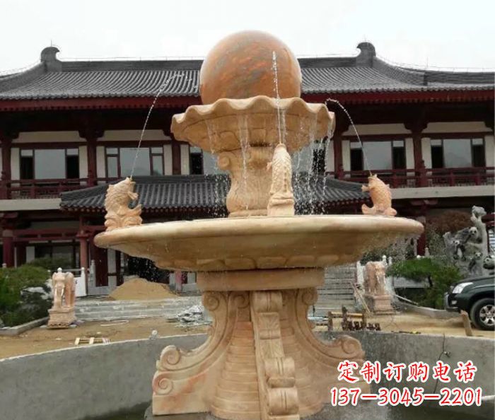 太原双层风水球喷泉晚霞红石雕