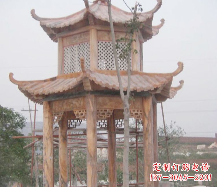 太原双层晚霞红石凉亭石雕 (2)