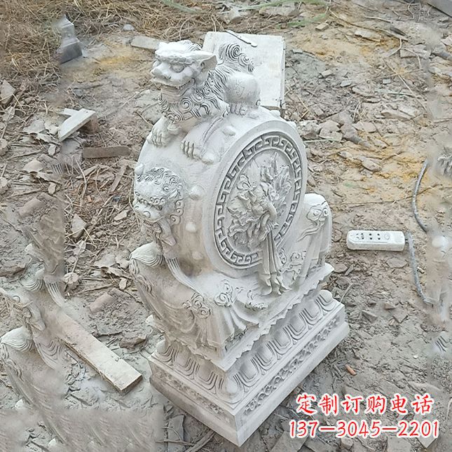 太原双龙石雕门墩汉白玉狮子头