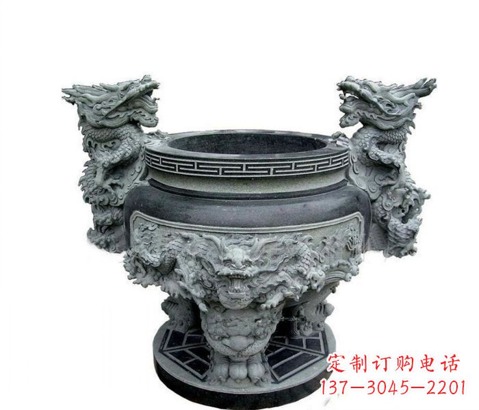 太原寺庙景观龙头水缸石雕 (2)