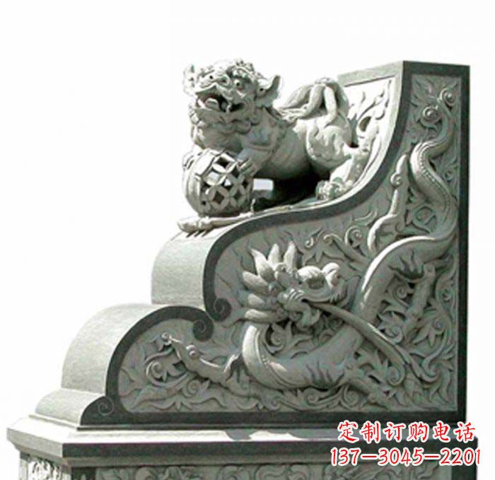 太原寺庙景观玩绣球狮子石雕门墩