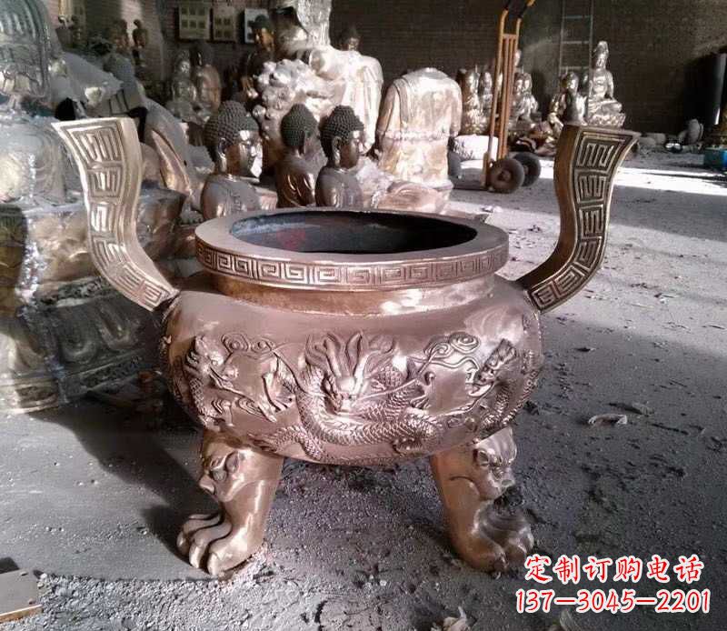 太原寺庙龙浮雕圆铜雕香炉