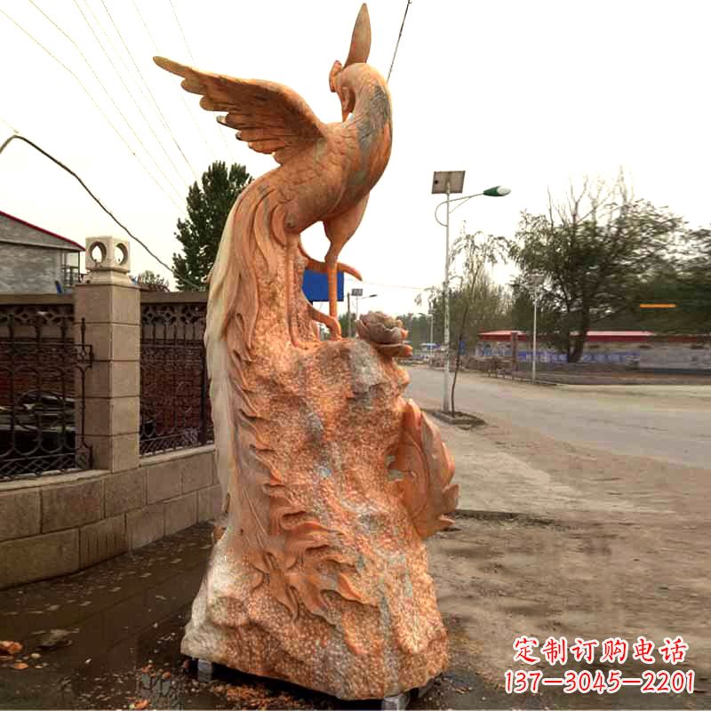 太原晚霞红大理石瑞鸟凤凰雕塑