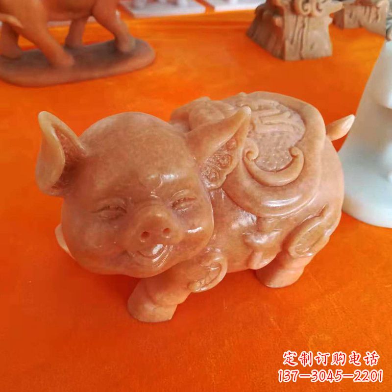 太原晚霞红大理石招财猪雕塑-企业商场创意生肖动物风水摆件