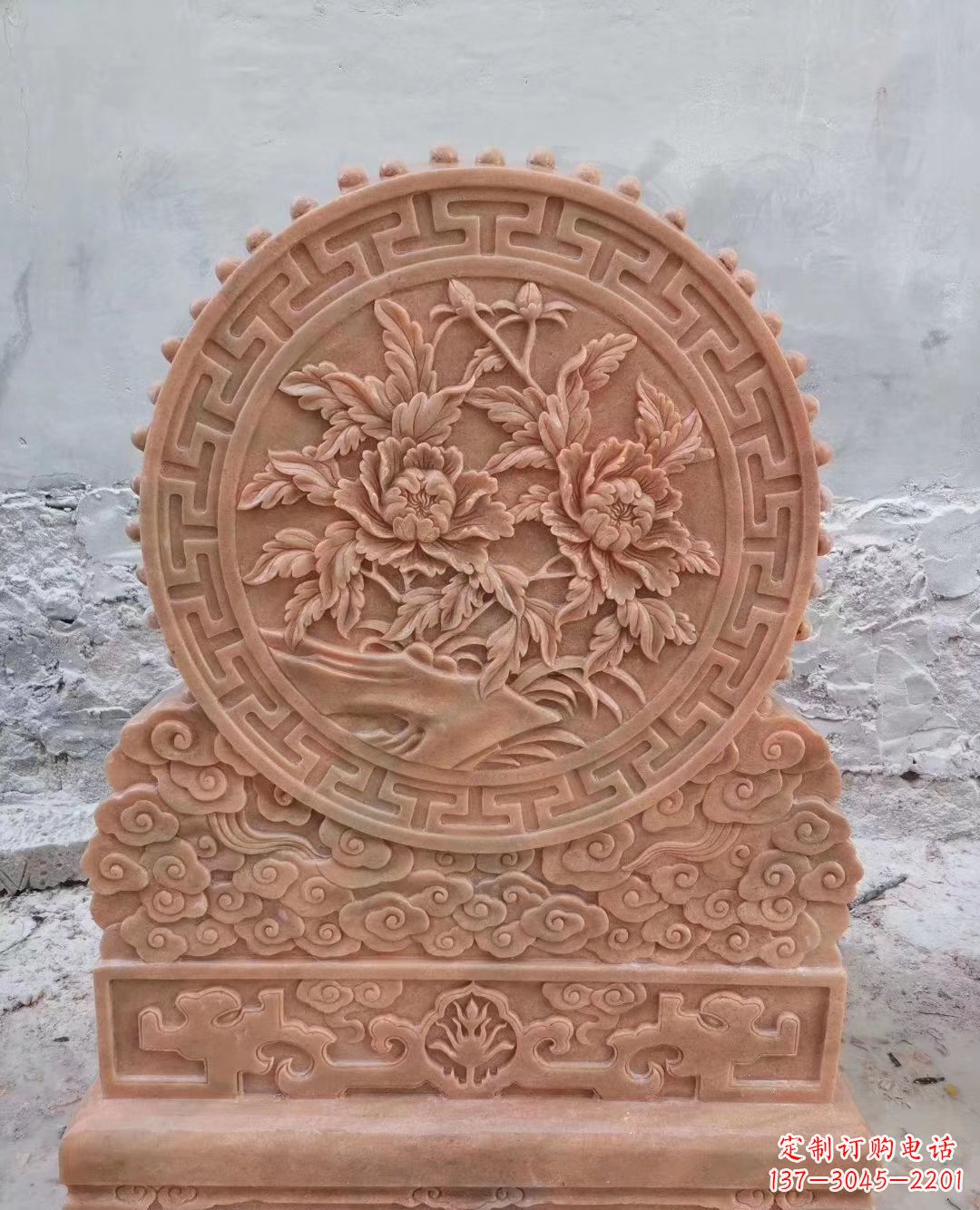 太原晚霞红牡丹花浮雕石门墩