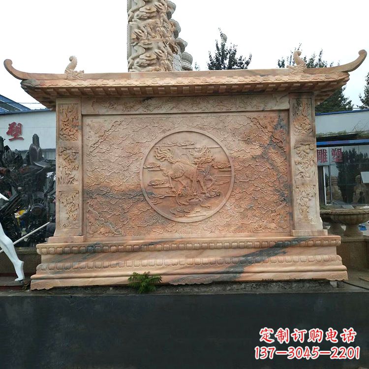太原晚霞红麒麟影壁墙石雕