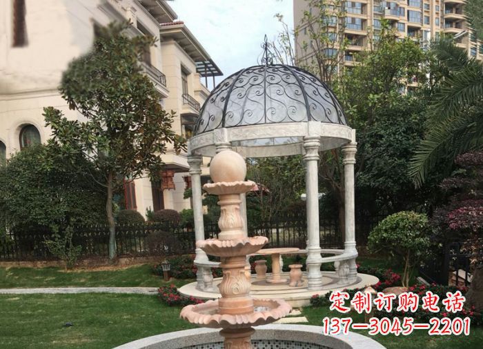 太原晚霞红三层风水球喷泉小区石雕