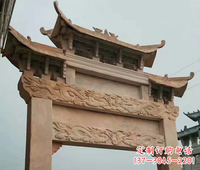 太原晚霞红石雕单门牌坊