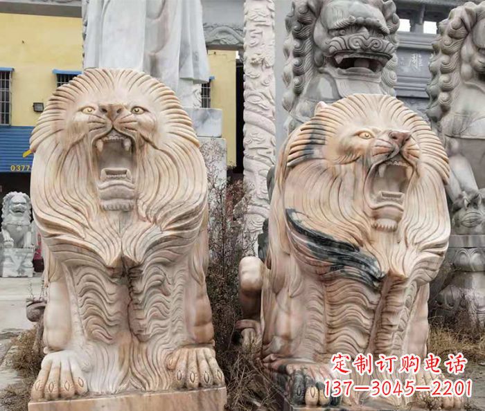 太原晚霞红石雕欧式石狮子