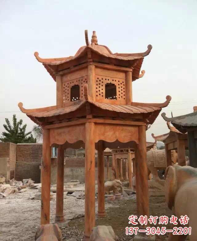 太原晚霞红双层凉亭石雕