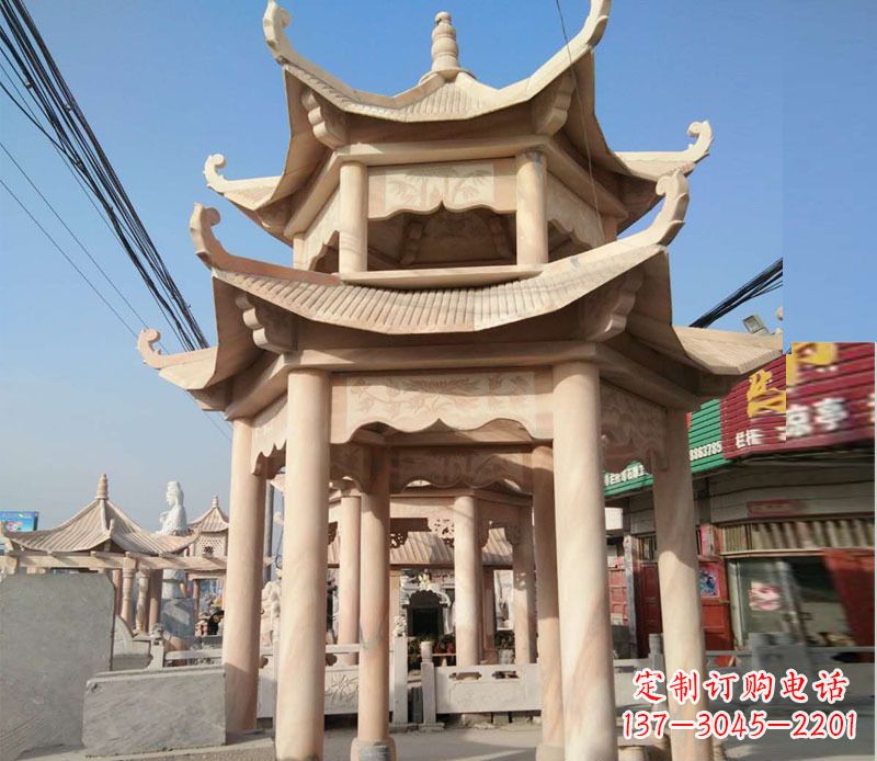 太原晚霞红双层六角凉亭石雕 (3)