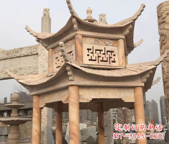 太原晚霞红双层石雕凉亭