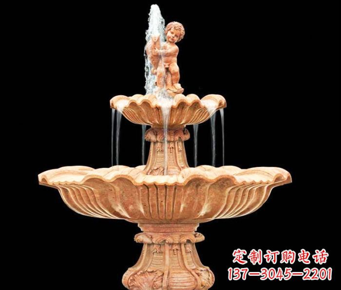 太原晚霞红小孩抱鱼石雕喷泉