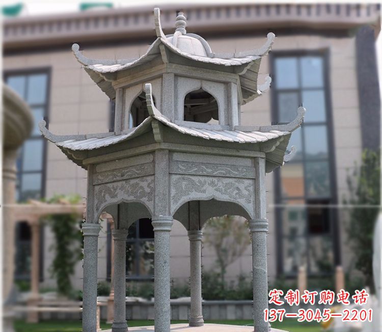 太原小区大理石六角石雕双层凉亭